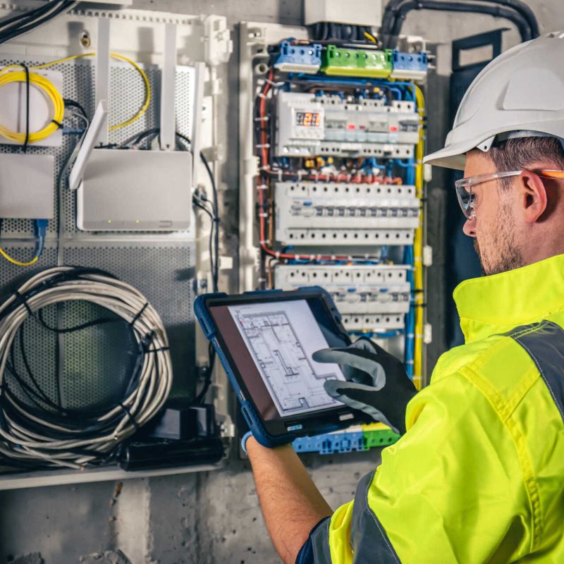 Man, an electrical technician working in a switchboard with fuses. Installation and connection of electrical equipment. Professional uses a tablet.